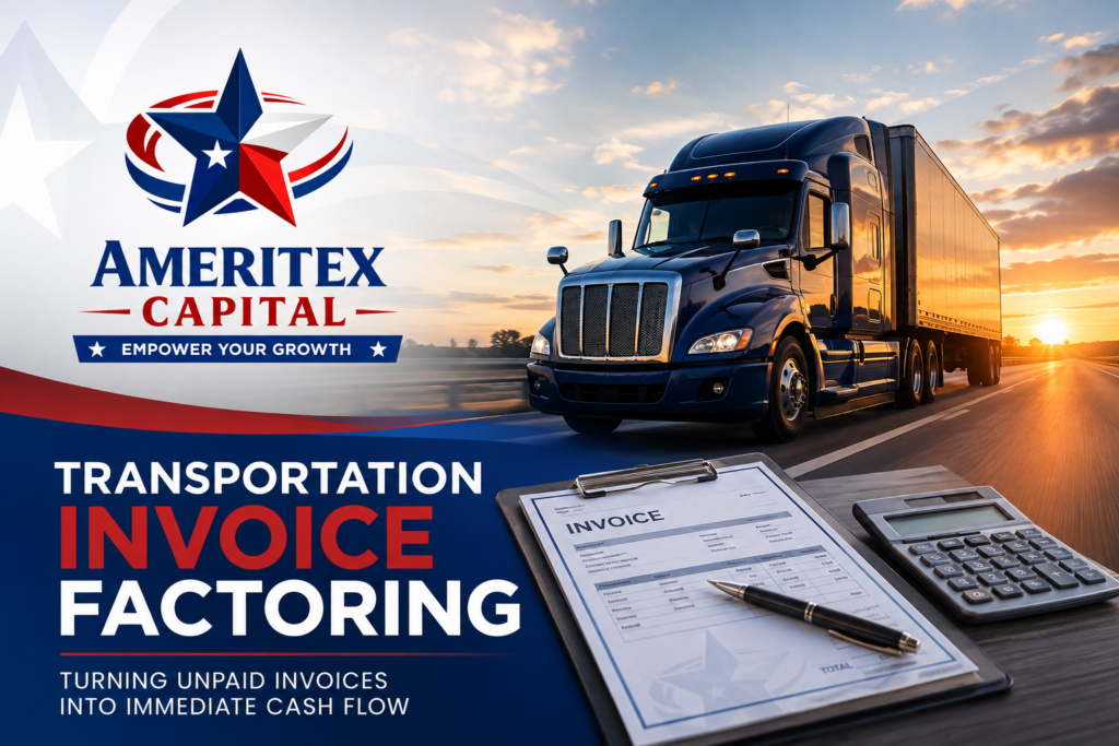 Transportation Invoice Factoring image with logo, truck hauling freight an invoice, pen and calculator.