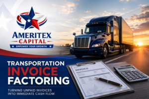 Transportation Invoice Factoring image with logo, truck hauling freight an invoice, pen and calculator.